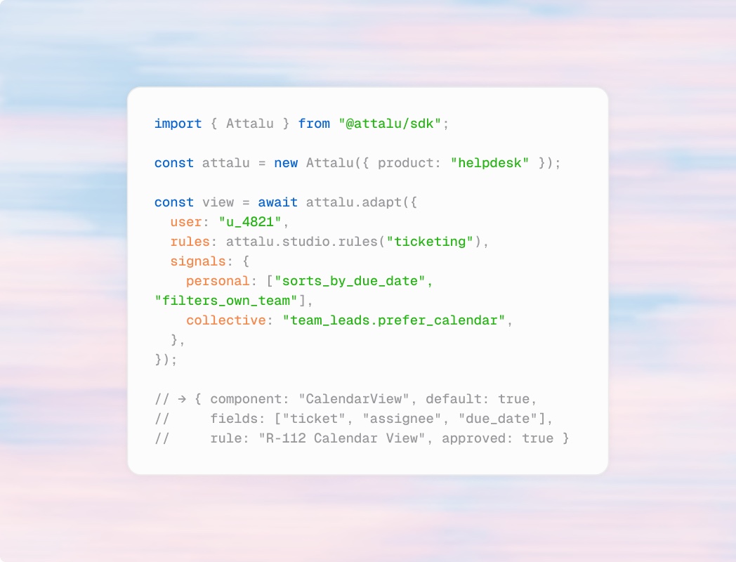 Code using the Attalu SDK to adapt a view for one user